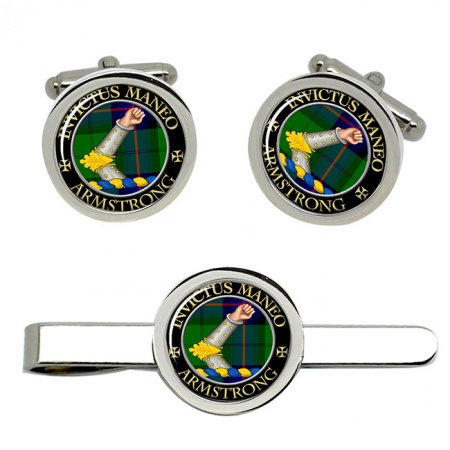 Armstrong Vambraced Scottish Clan Crest Cufflink and Tie Clip Set