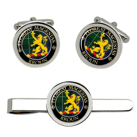 Broun Scottish Clan Crest Cufflink and Tie Clip Set