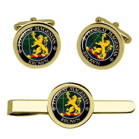 Brown Scottish Clan Crest Cufflink and Tie Clip Set