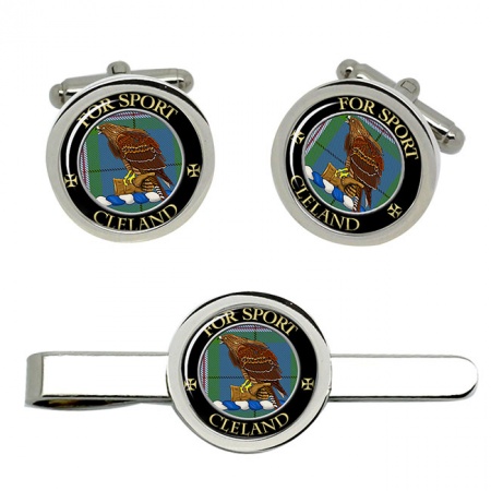 Cleland Scottish Clan Crest Cufflink and Tie Clip Set