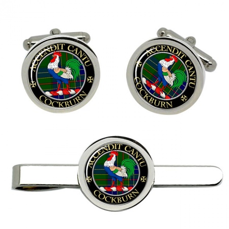 Cockburn Scottish Clan Crest Cufflink and Tie Clip Set