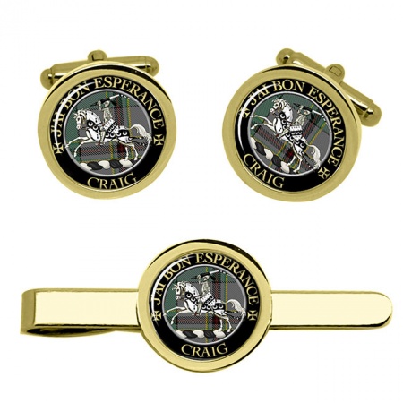 Craig (French Motto) Scottish Clan Crest Cufflink and Tie Clip Set