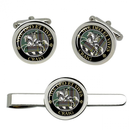 Craig (Latin Motto) Scottish Clan Crest Cufflink and Tie Clip Set