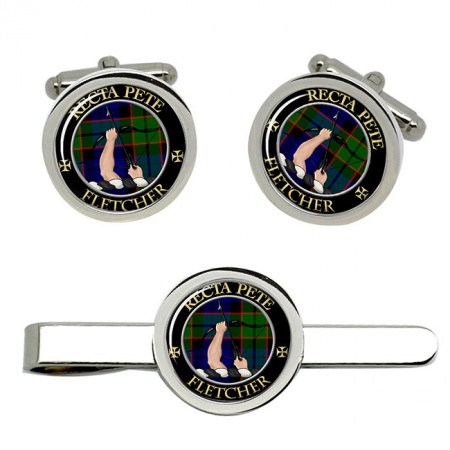 Fletcher of Dunans Scottish Clan Crest Cufflink and Tie Clip Set