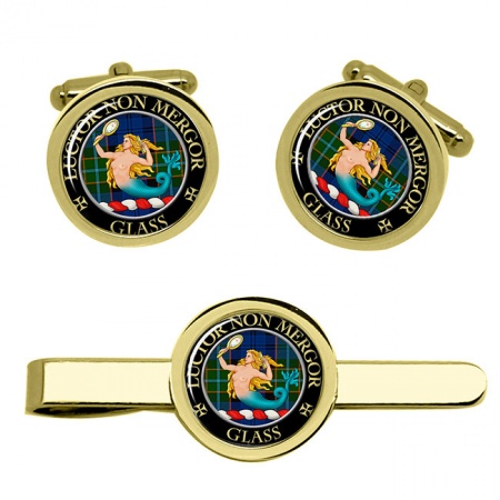 Glass Scottish Clan Crest Cufflink and Tie Clip Set