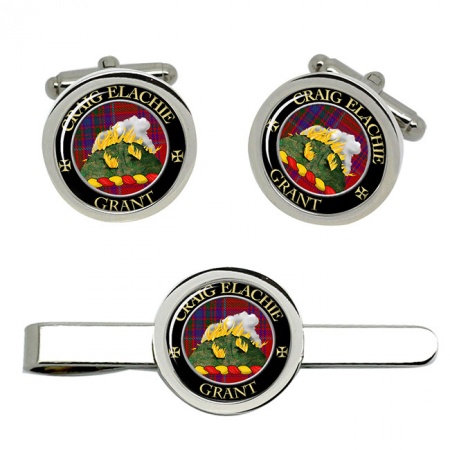 Grant (Gaelic Motto) Scottish Clan Crest Cufflink and Tie Clip Set