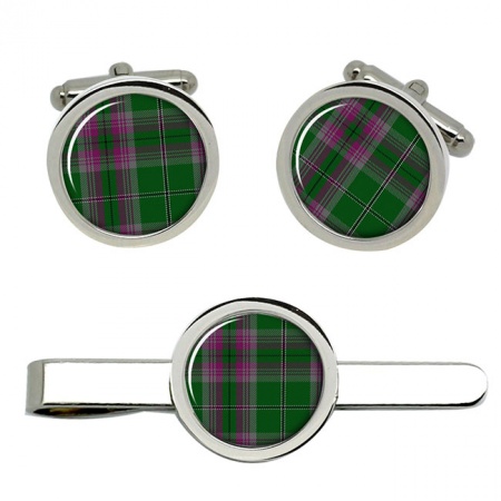 Gray Scottish Tartan Cufflinks and Tie Clip Set