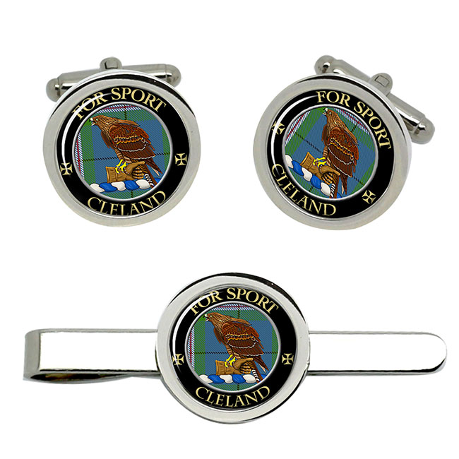 Clelland Scottish Clan Crest Cufflink and Tie Clip Set