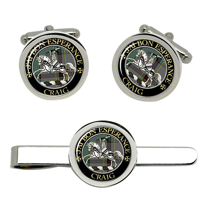 Craig (French Motto) Scottish Clan Crest Cufflink and Tie Clip Set