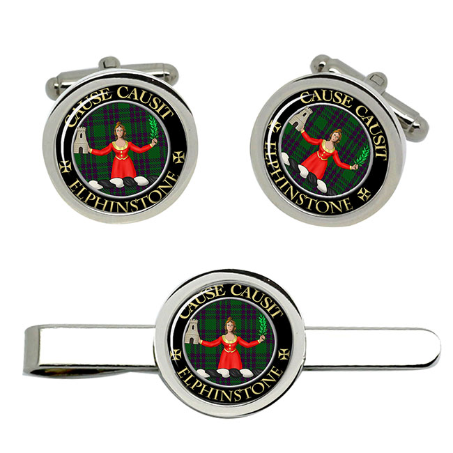 Elphinstone Scottish Clan Crest Cufflink and Tie Clip Set