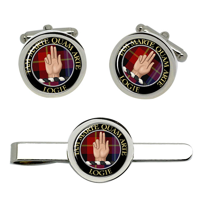 Logie Scottish Clan Crest Cufflink and Tie Clip Set