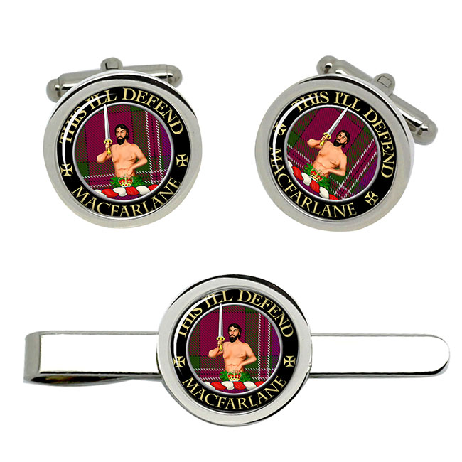 Macfarlane of Arroquhar Scottish Clan Crest Cufflink and Tie Clip Set