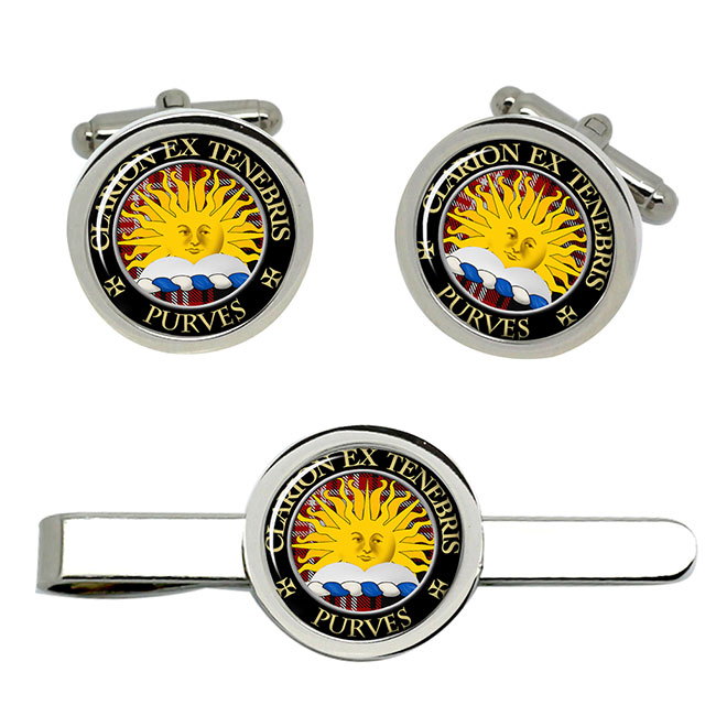 Purves Scottish Clan Crest Cufflink and Tie Clip Set