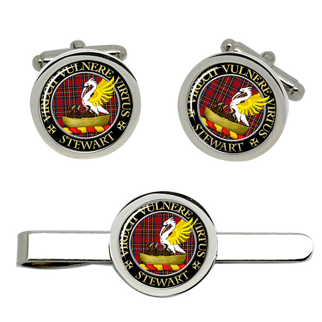 Stewart Scottish Clan Crest Cufflink and Tie Clip Set