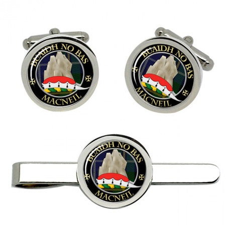 MacNeil (Buaidh no Bas motto) Scottish Clan Crest Cufflink and Tie Clip Set