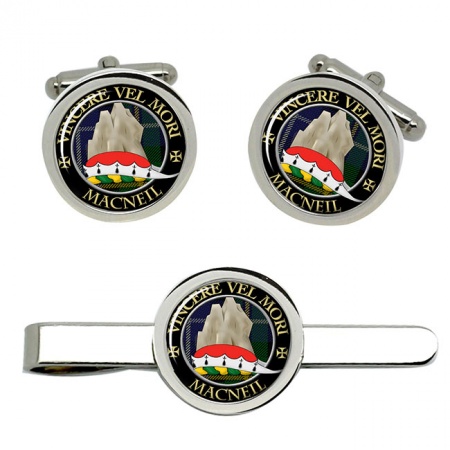 MacNeil (Vincere vel mori motto) Scottish Clan Crest Cufflink and Tie Clip Set