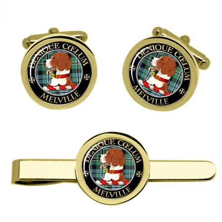 Melville Scottish Clan Crest Cufflink and Tie Clip Set