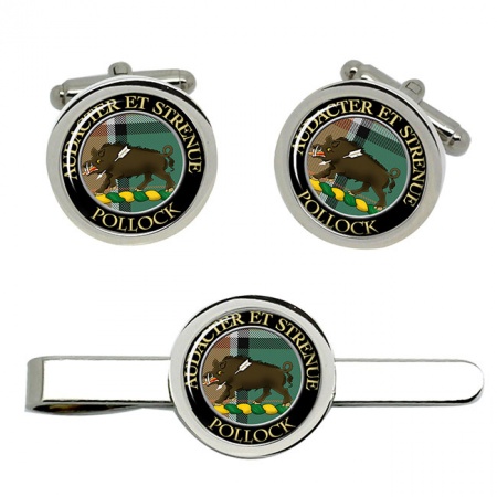 Pollock Scottish Clan Crest Cufflink and Tie Clip Set