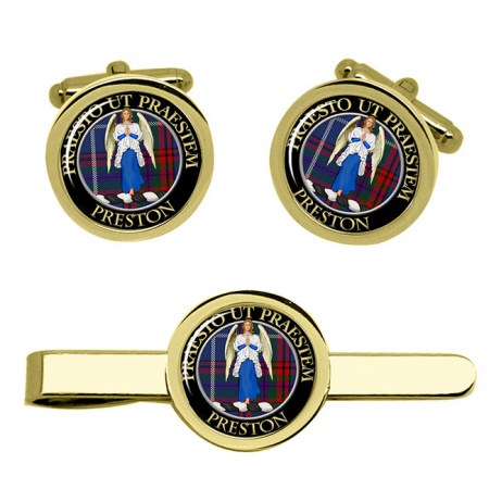 Preston Scottish Clan Crest Cufflink and Tie Clip Set