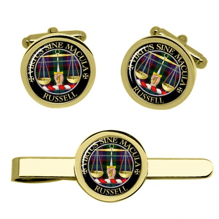 Russell Scottish Clan Crest Cufflink and Tie Clip Set